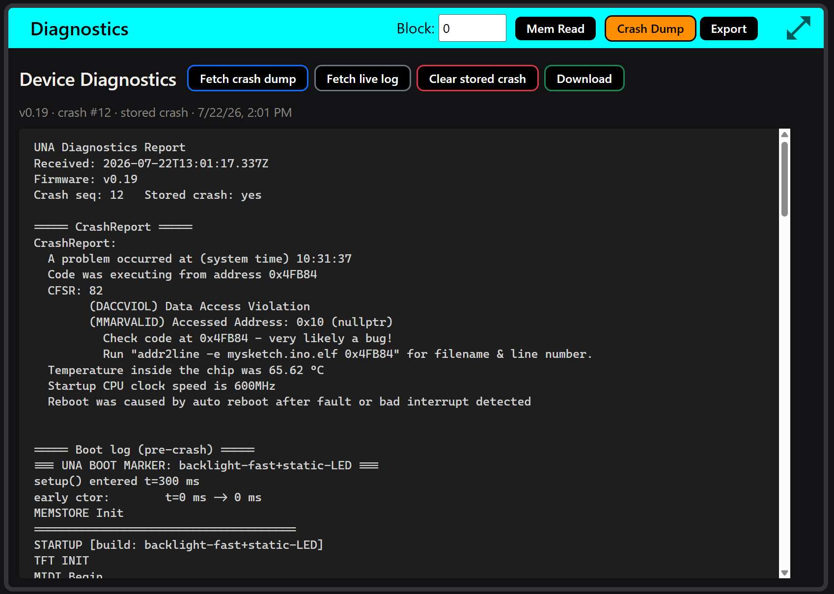 A fetched crash dump: firmware version, timestamp, and the stored report