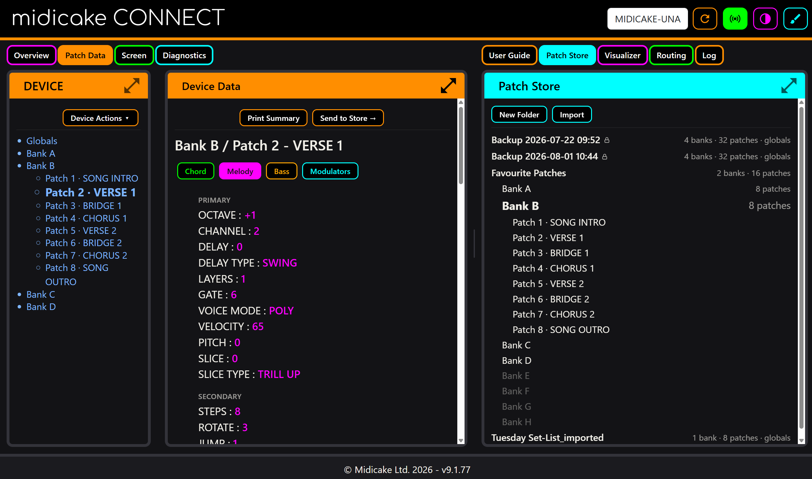 The CONNECT window: top bar, left and right panel tabs, and the splitter - here with Patch Data beside the Patch Store