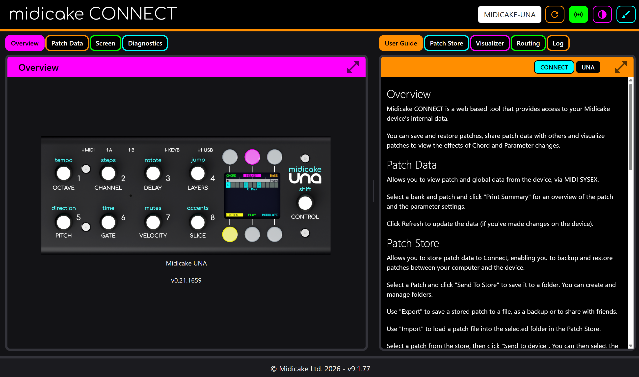 Midicake CONNECT with a UNA connected - the Overview panel and built-in User Guide