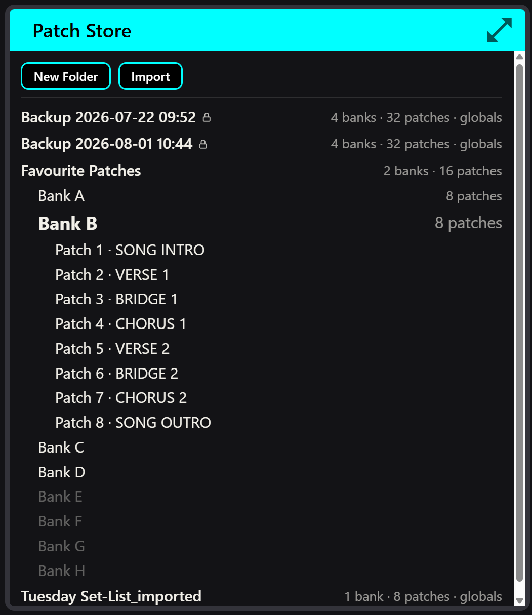 The Patch Store: locked backup folders at the top, a working folder expanded below