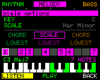 Melody on SCALE - four keys held, seven notes available