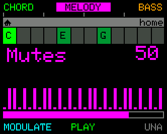 MUTES parameter - the 32-step rhythm preview; tall bars play, short bars are muted