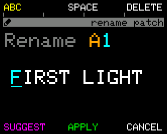 Patch Rename - The screen shows the current name in large text, with a cursor underline beneath the character you're editing.